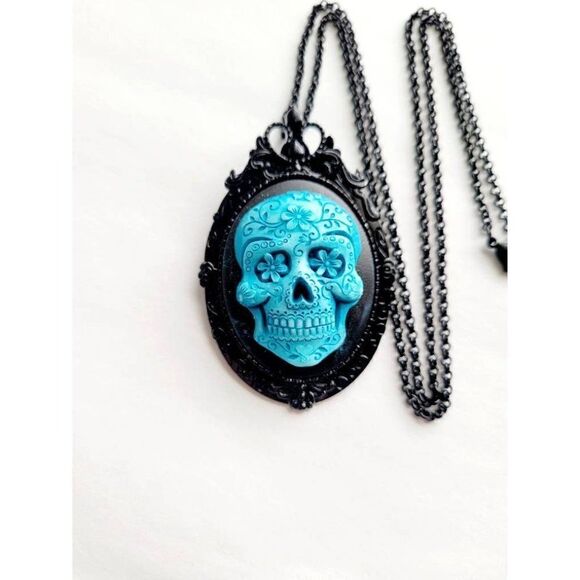 Teal Blue Black Sugar Skull Day Dead Gothic Rockabilly Cameo Brooch Valentine’s - Picture 4 of 5
